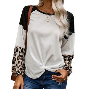 WAFFLE KNIT LEOPARD WHITE BLACK BLOUSE TWIST KNOT